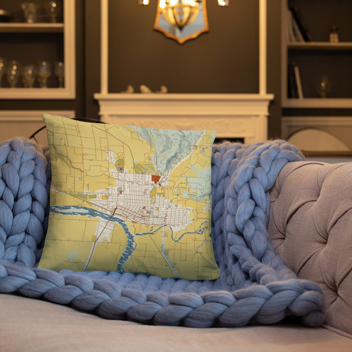 Custom Weiser Idaho Map Throw Pillow in Woodblock on Cream Colored Couch