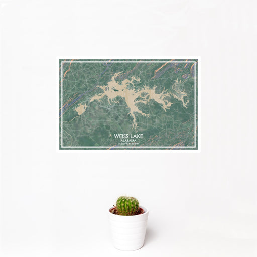 12x18 Weiss Lake Alabama Map Print Landscape Orientation in Afternoon Style With Small Cactus Plant in White Planter