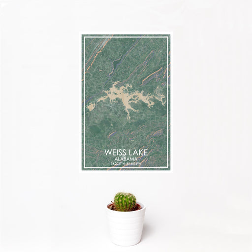 12x18 Weiss Lake Alabama Map Print Portrait Orientation in Afternoon Style With Small Cactus Plant in White Planter