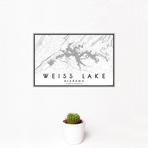 12x18 Weiss Lake Alabama Map Print Landscape Orientation in Classic Style With Small Cactus Plant in White Planter