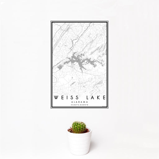 12x18 Weiss Lake Alabama Map Print Portrait Orientation in Classic Style With Small Cactus Plant in White Planter