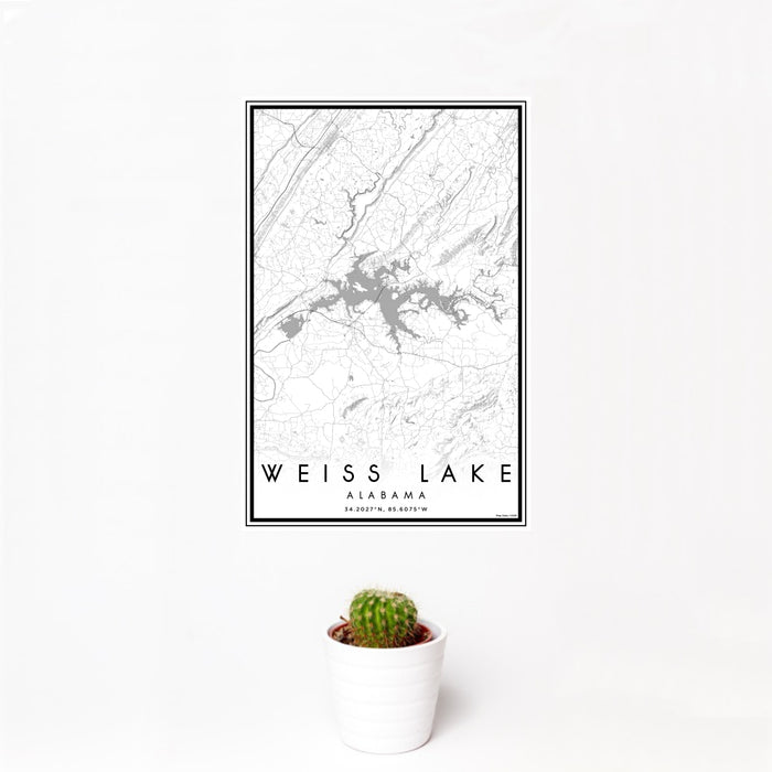 12x18 Weiss Lake Alabama Map Print Portrait Orientation in Classic Style With Small Cactus Plant in White Planter