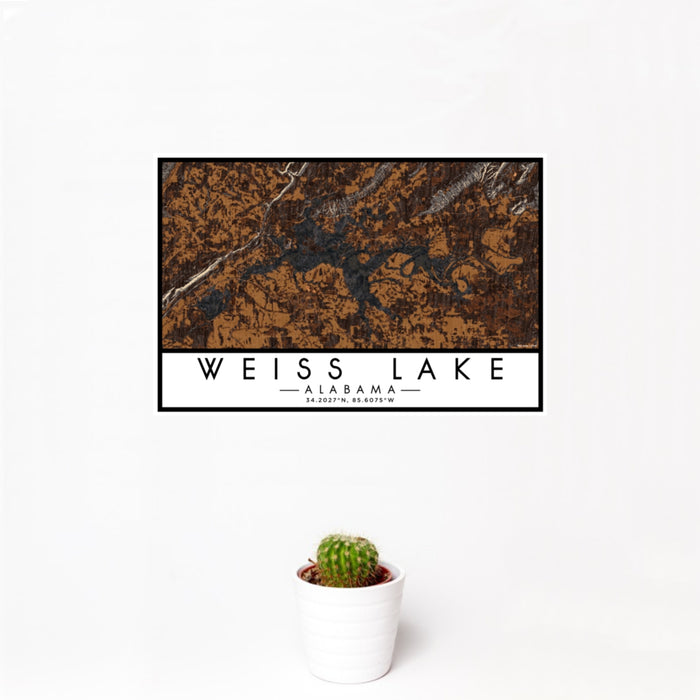 12x18 Weiss Lake Alabama Map Print Landscape Orientation in Ember Style With Small Cactus Plant in White Planter