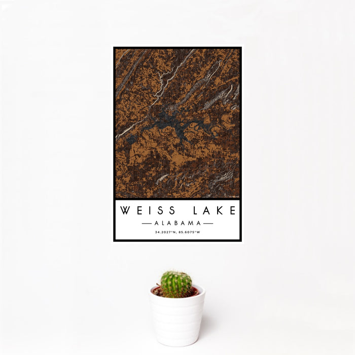 12x18 Weiss Lake Alabama Map Print Portrait Orientation in Ember Style With Small Cactus Plant in White Planter