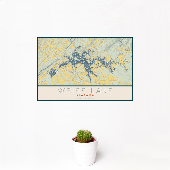 12x18 Weiss Lake Alabama Map Print Landscape Orientation in Woodblock Style With Small Cactus Plant in White Planter