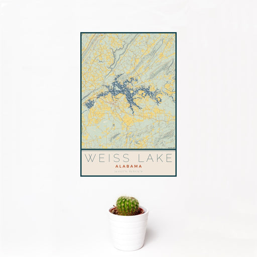 12x18 Weiss Lake Alabama Map Print Portrait Orientation in Woodblock Style With Small Cactus Plant in White Planter