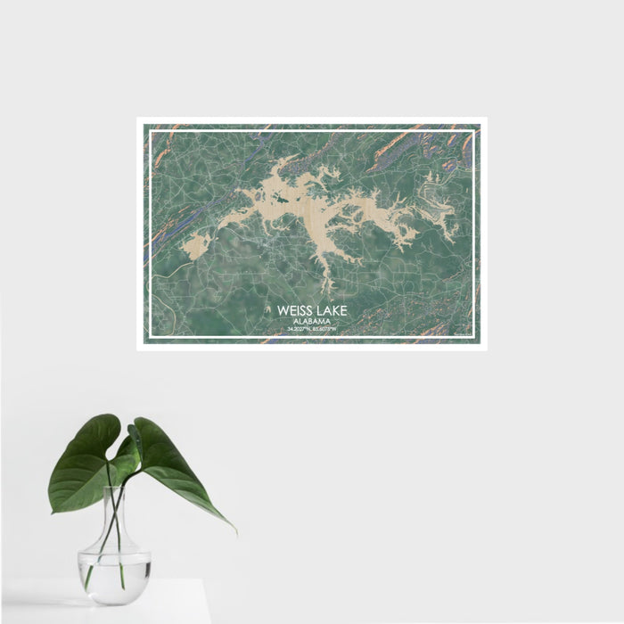 16x24 Weiss Lake Alabama Map Print Landscape Orientation in Afternoon Style With Tropical Plant Leaves in Water