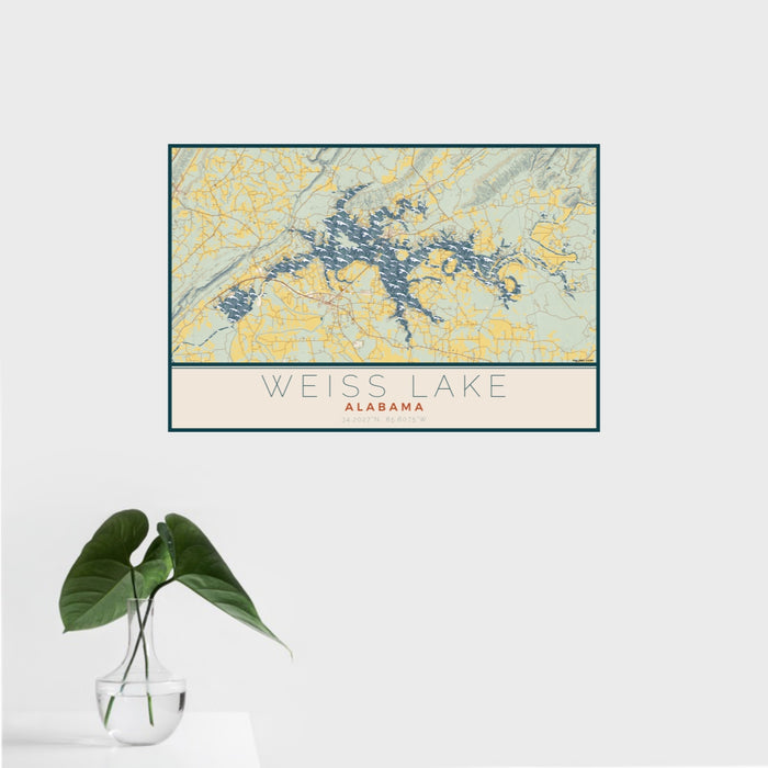 16x24 Weiss Lake Alabama Map Print Landscape Orientation in Woodblock Style With Tropical Plant Leaves in Water
