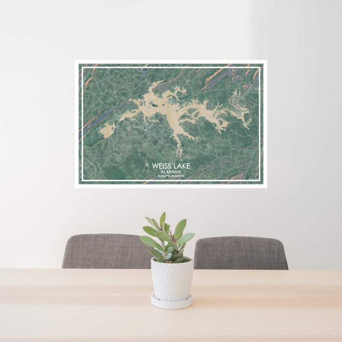 24x36 Weiss Lake Alabama Map Print Lanscape Orientation in Afternoon Style Behind 2 Chairs Table and Potted Plant