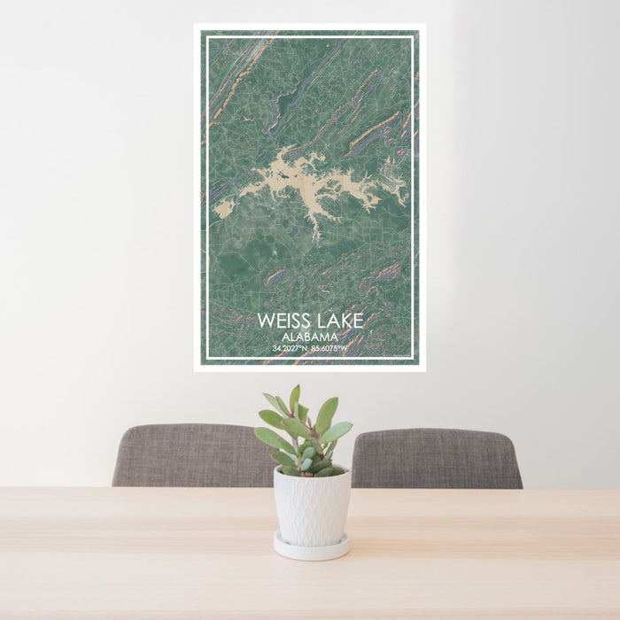 24x36 Weiss Lake Alabama Map Print Portrait Orientation in Afternoon Style Behind 2 Chairs Table and Potted Plant