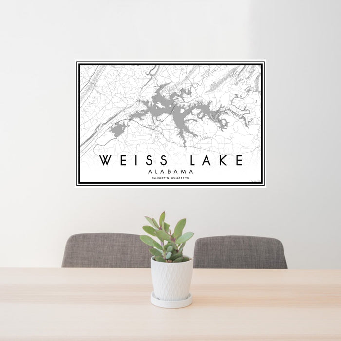 24x36 Weiss Lake Alabama Map Print Lanscape Orientation in Classic Style Behind 2 Chairs Table and Potted Plant