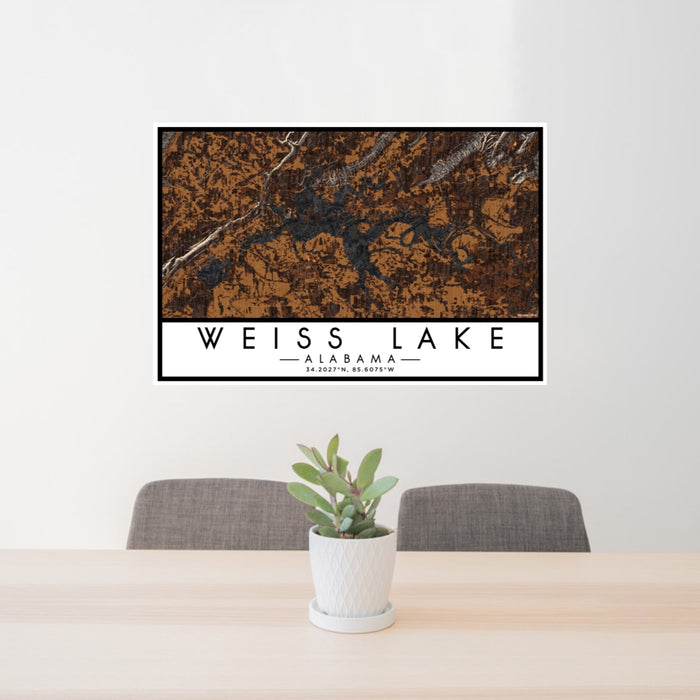 24x36 Weiss Lake Alabama Map Print Lanscape Orientation in Ember Style Behind 2 Chairs Table and Potted Plant