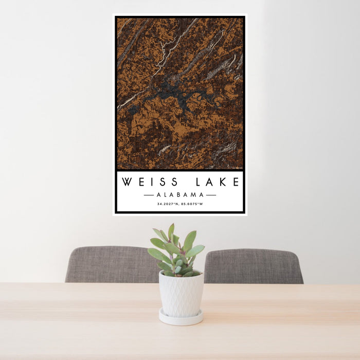 24x36 Weiss Lake Alabama Map Print Portrait Orientation in Ember Style Behind 2 Chairs Table and Potted Plant