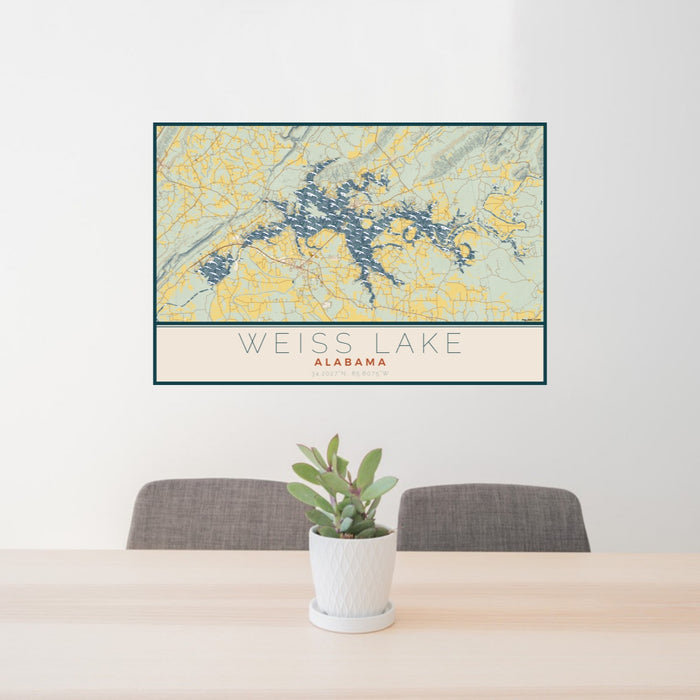 24x36 Weiss Lake Alabama Map Print Lanscape Orientation in Woodblock Style Behind 2 Chairs Table and Potted Plant