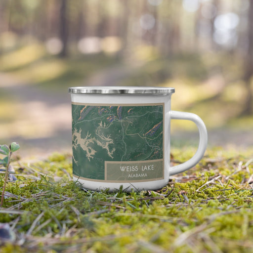 Right View Custom Weiss Lake Alabama Map Enamel Mug in Afternoon on Grass With Trees in Background