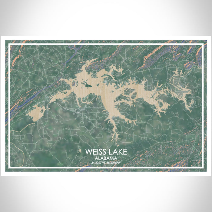 Weiss Lake Alabama Map Print Landscape Orientation in Afternoon Style With Shaded Background