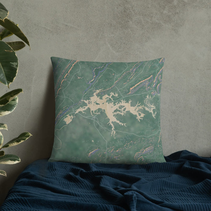 Custom Weiss Lake Alabama Map Throw Pillow in Afternoon on Bedding Against Wall