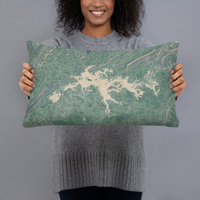 Person holding 20x12 Custom Weiss Lake Alabama Map Throw Pillow in Afternoon