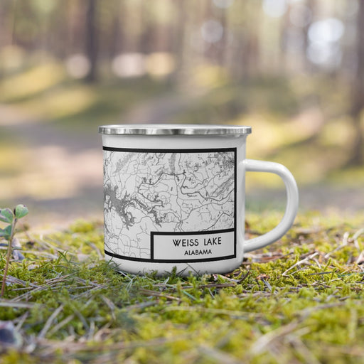Right View Custom Weiss Lake Alabama Map Enamel Mug in Classic on Grass With Trees in Background