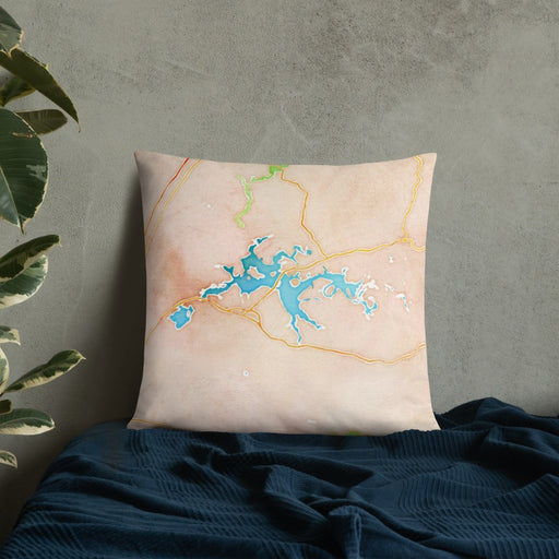 Custom Weiss Lake Alabama Map Throw Pillow in Watercolor on Bedding Against Wall