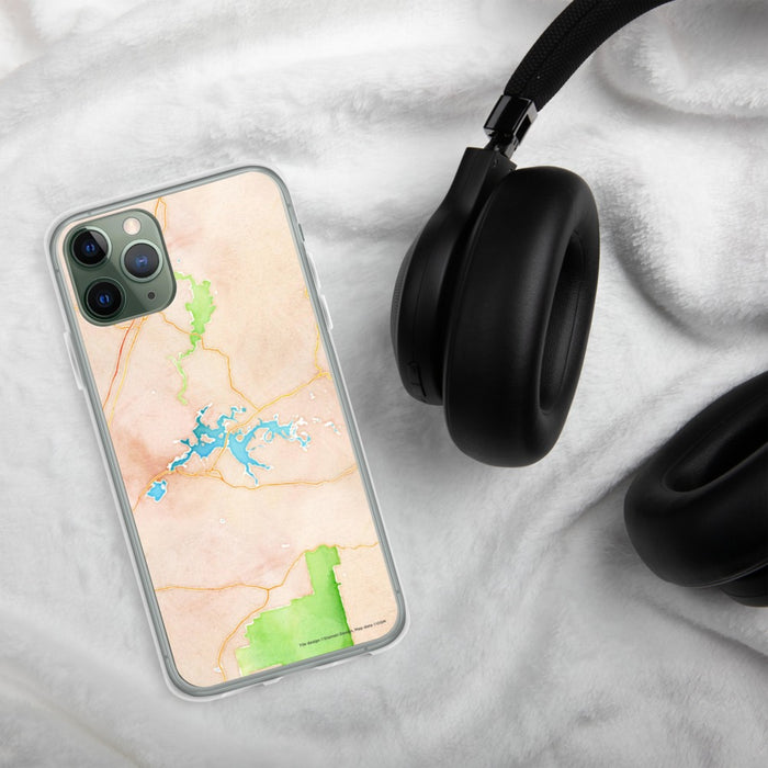 Custom Weiss Lake Alabama Map Phone Case in Watercolor on Table with Black Headphones