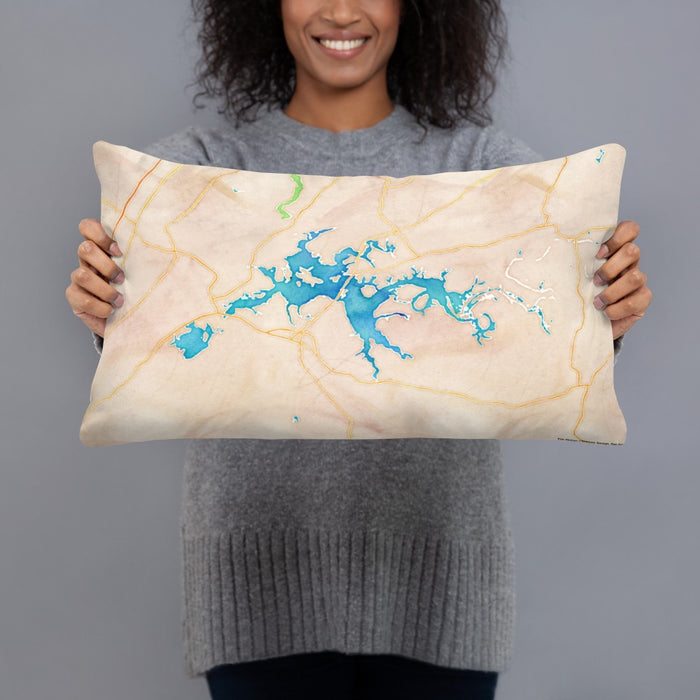 Person holding 20x12 Custom Weiss Lake Alabama Map Throw Pillow in Watercolor
