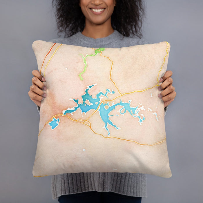 Person holding 18x18 Custom Weiss Lake Alabama Map Throw Pillow in Watercolor
