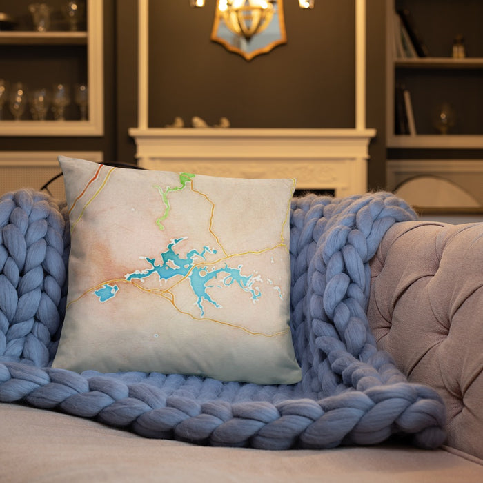 Custom Weiss Lake Alabama Map Throw Pillow in Watercolor on Cream Colored Couch