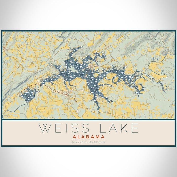 Weiss Lake Alabama Map Print Landscape Orientation in Woodblock Style With Shaded Background