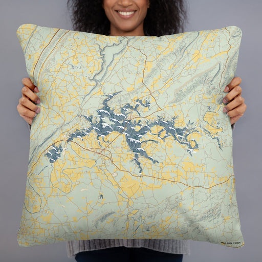 Person holding 22x22 Custom Weiss Lake Alabama Map Throw Pillow in Woodblock