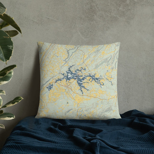 Custom Weiss Lake Alabama Map Throw Pillow in Woodblock on Bedding Against Wall