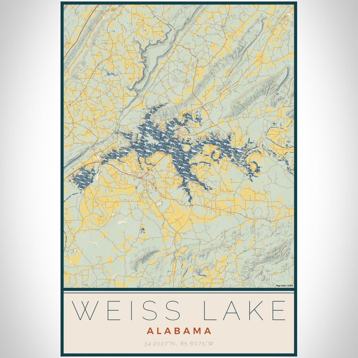 Weiss Lake Alabama Map Print Portrait Orientation in Woodblock Style With Shaded Background