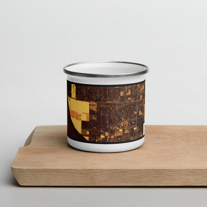 Front View Custom Wellington Florida Map Enamel Mug in Ember on Cutting Board