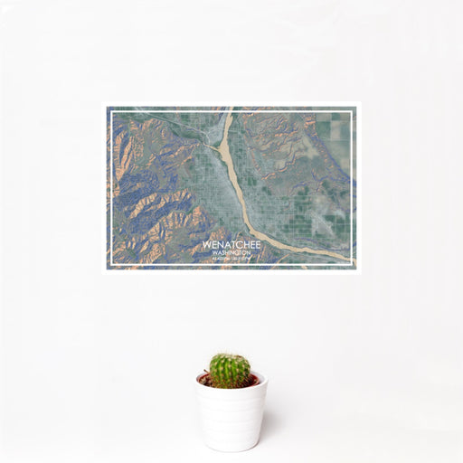 12x18 Wenatchee Washington Map Print Landscape Orientation in Afternoon Style With Small Cactus Plant in White Planter