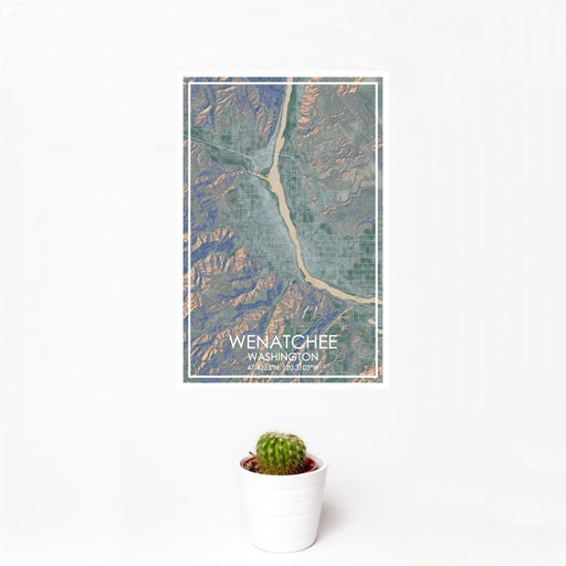 12x18 Wenatchee Washington Map Print Portrait Orientation in Afternoon Style With Small Cactus Plant in White Planter