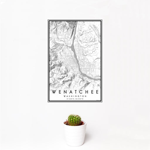12x18 Wenatchee Washington Map Print Portrait Orientation in Classic Style With Small Cactus Plant in White Planter