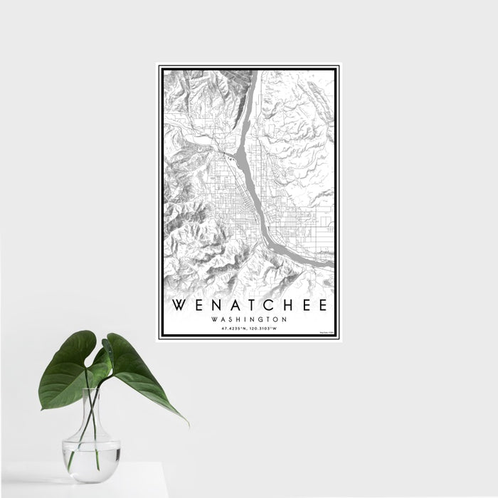 16x24 Wenatchee Washington Map Print Portrait Orientation in Classic Style With Tropical Plant Leaves in Water