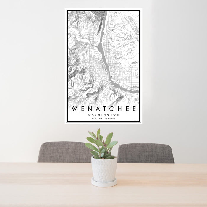 24x36 Wenatchee Washington Map Print Portrait Orientation in Classic Style Behind 2 Chairs Table and Potted Plant