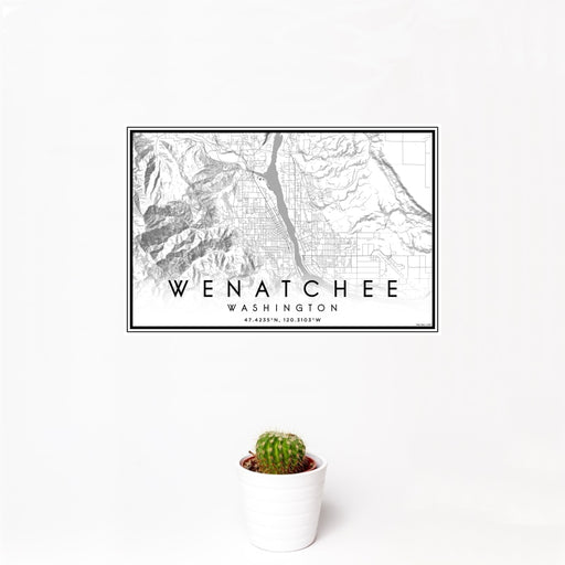12x18 Wenatchee Washington Map Print Landscape Orientation in Classic Style With Small Cactus Plant in White Planter