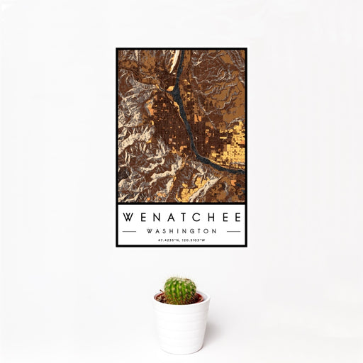 12x18 Wenatchee Washington Map Print Portrait Orientation in Ember Style With Small Cactus Plant in White Planter