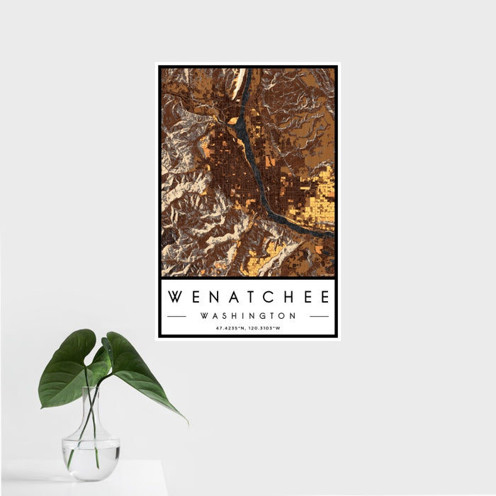 16x24 Wenatchee Washington Map Print Portrait Orientation in Ember Style With Tropical Plant Leaves in Water