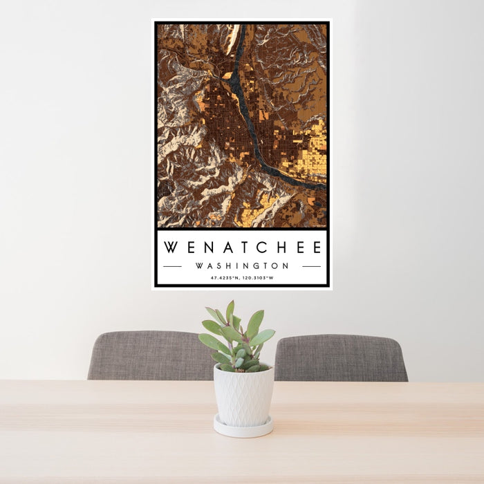 24x36 Wenatchee Washington Map Print Portrait Orientation in Ember Style Behind 2 Chairs Table and Potted Plant