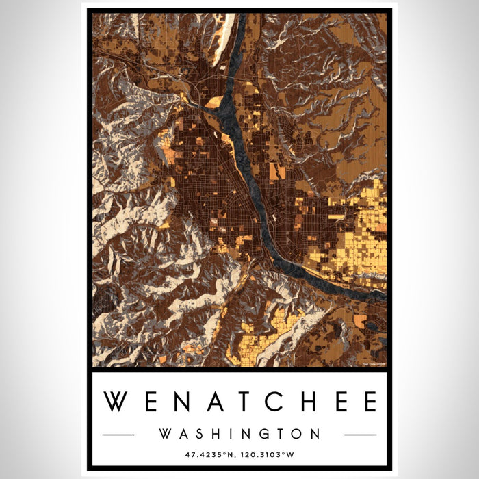 Wenatchee Washington Map Print Portrait Orientation in Ember Style With Shaded Background