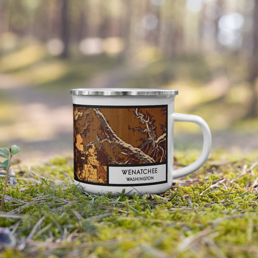 Right View Custom Wenatchee Washington Map Enamel Mug in Ember on Grass With Trees in Background