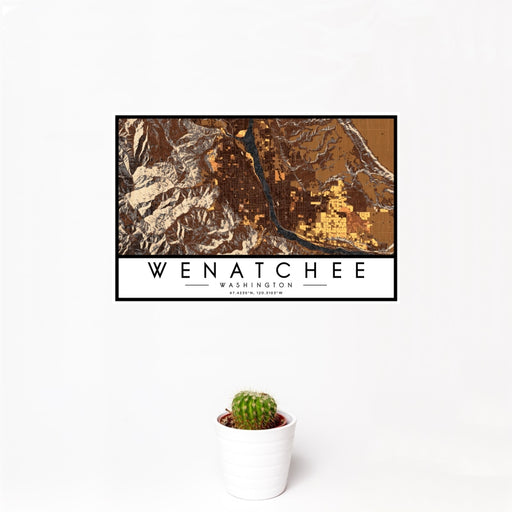 12x18 Wenatchee Washington Map Print Landscape Orientation in Ember Style With Small Cactus Plant in White Planter