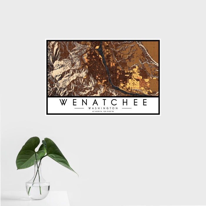 16x24 Wenatchee Washington Map Print Landscape Orientation in Ember Style With Tropical Plant Leaves in Water