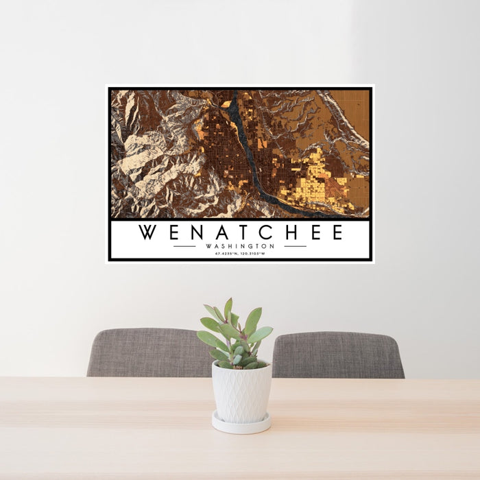 24x36 Wenatchee Washington Map Print Landscape Orientation in Ember Style Behind 2 Chairs Table and Potted Plant