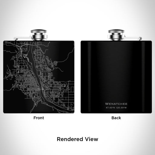 Rendered View of Wenatchee Washington Map Engraving on 6oz Stainless Steel Flask in Black