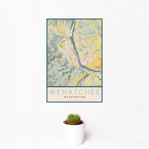 12x18 Wenatchee Washington Map Print Portrait Orientation in Woodblock Style With Small Cactus Plant in White Planter
