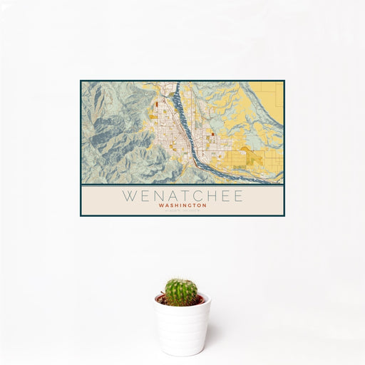 12x18 Wenatchee Washington Map Print Landscape Orientation in Woodblock Style With Small Cactus Plant in White Planter